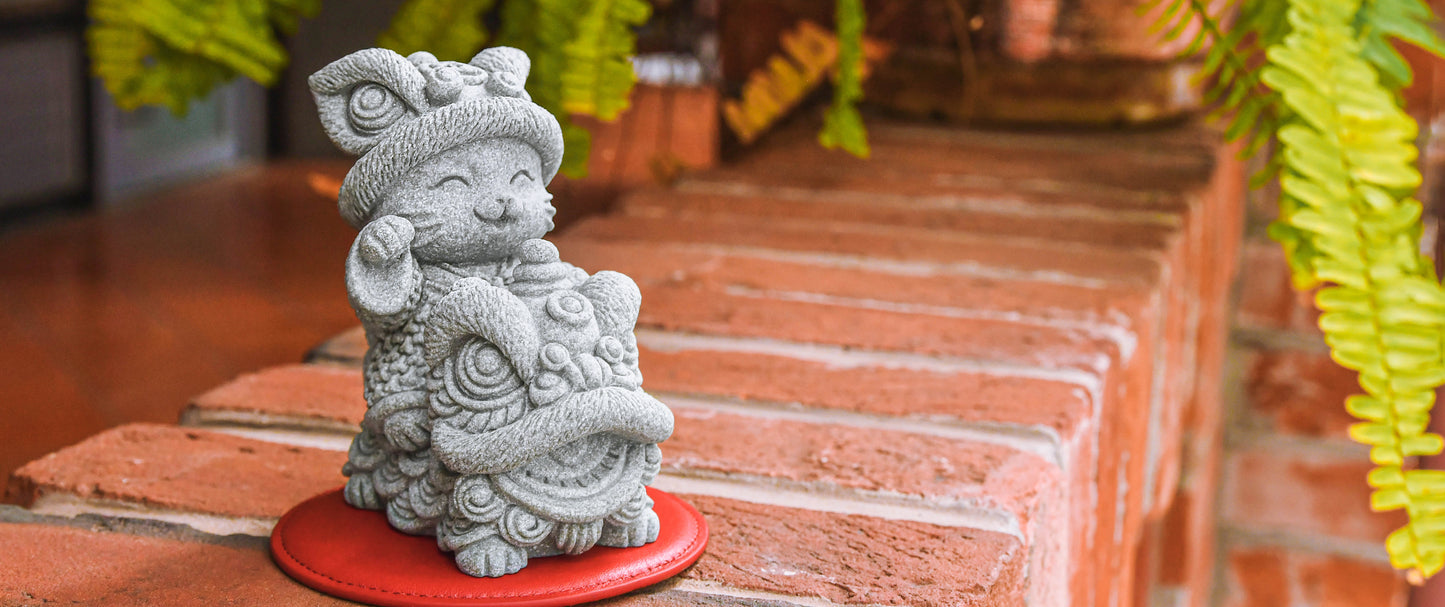 Blessed Lion Dance Kitty Cat Stone Figurine