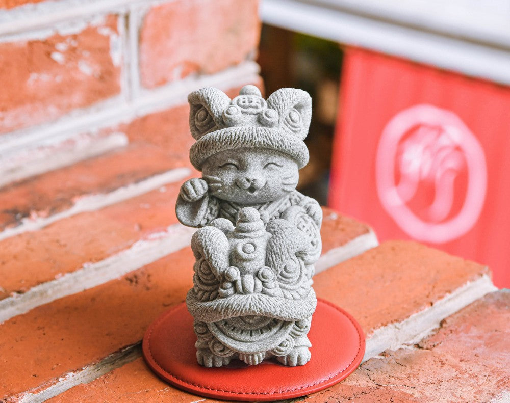 Blessed Lion Dance Kitty Cat Stone Figurine