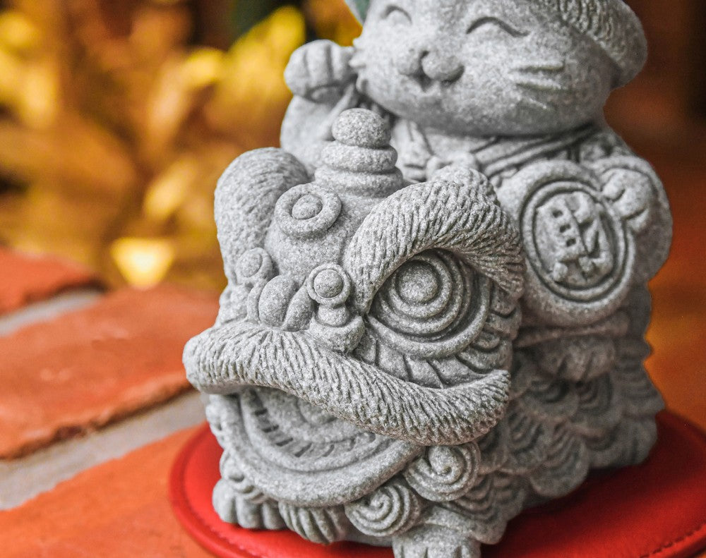 Blessed Lion Dance Kitty Cat Stone Figurine