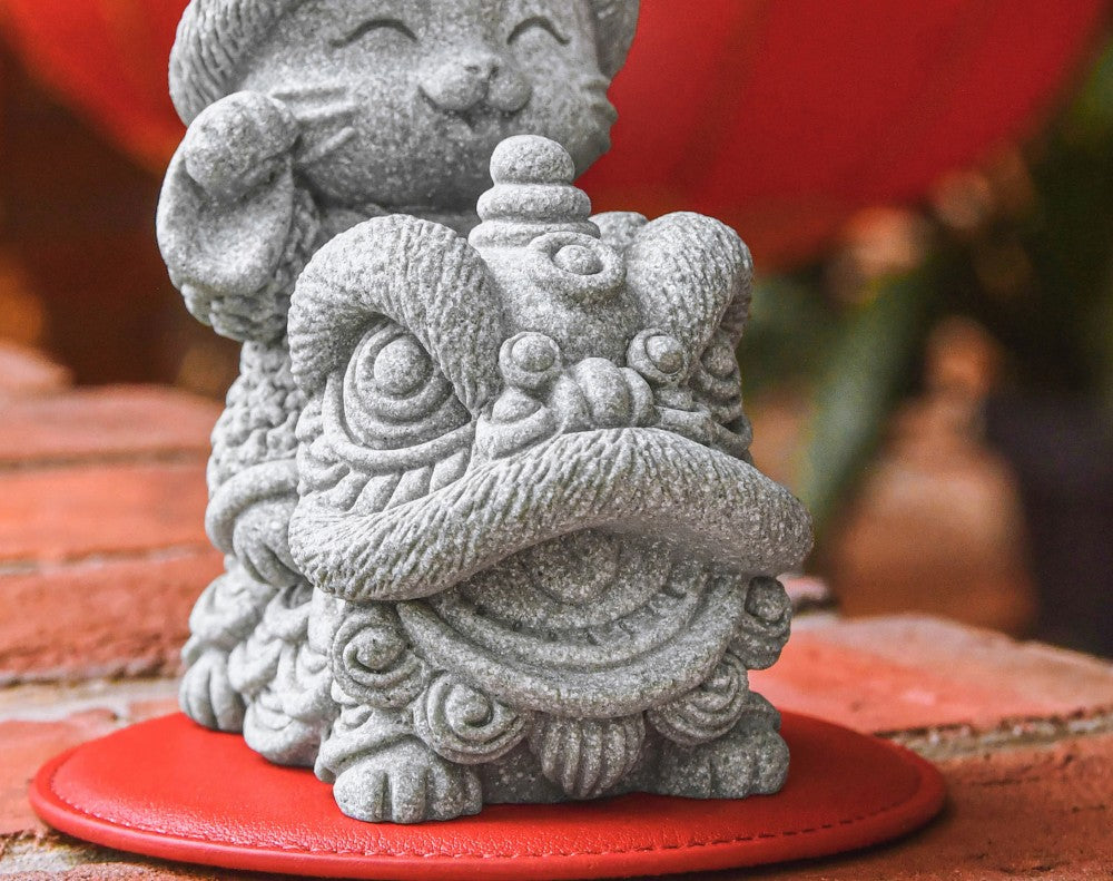 Blessed Lion Dance Kitty Cat Stone Figurine