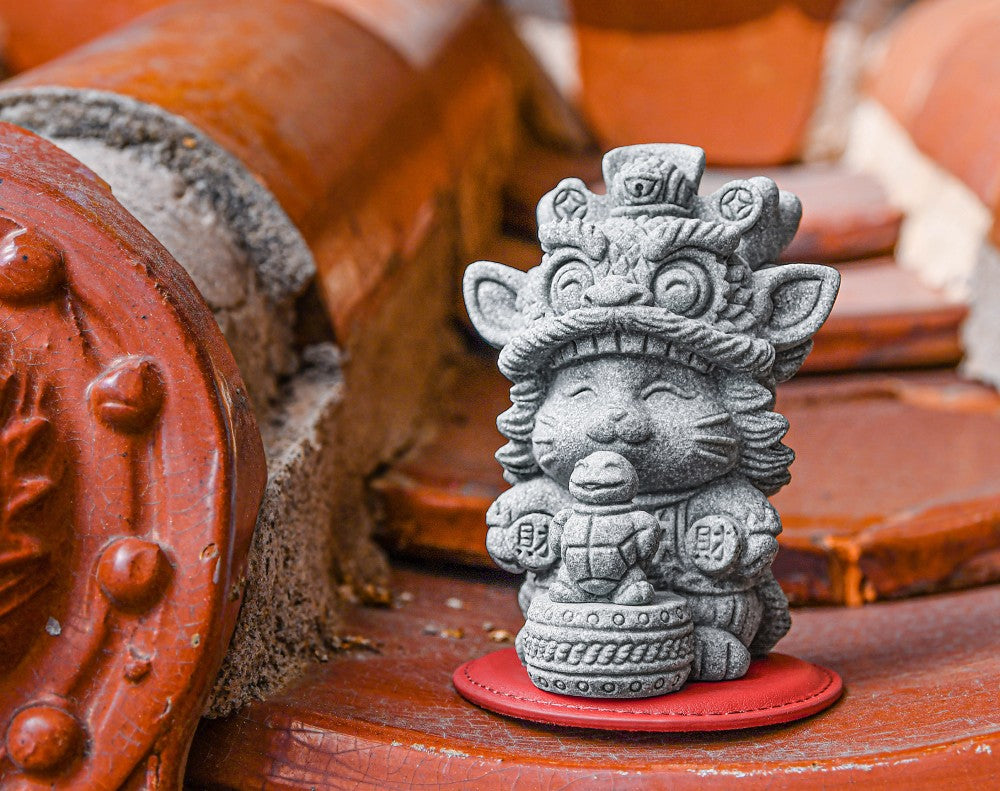 Drummer Kitty Cat with Buddy the Fortune Turtle Stone Figurine