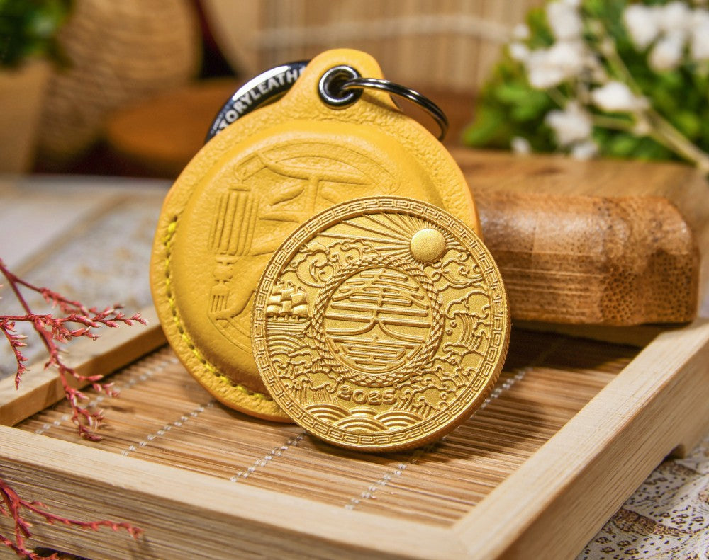 Ping 'An Peace Amulet Coin Leather Keychain (fits Apple AirTags)